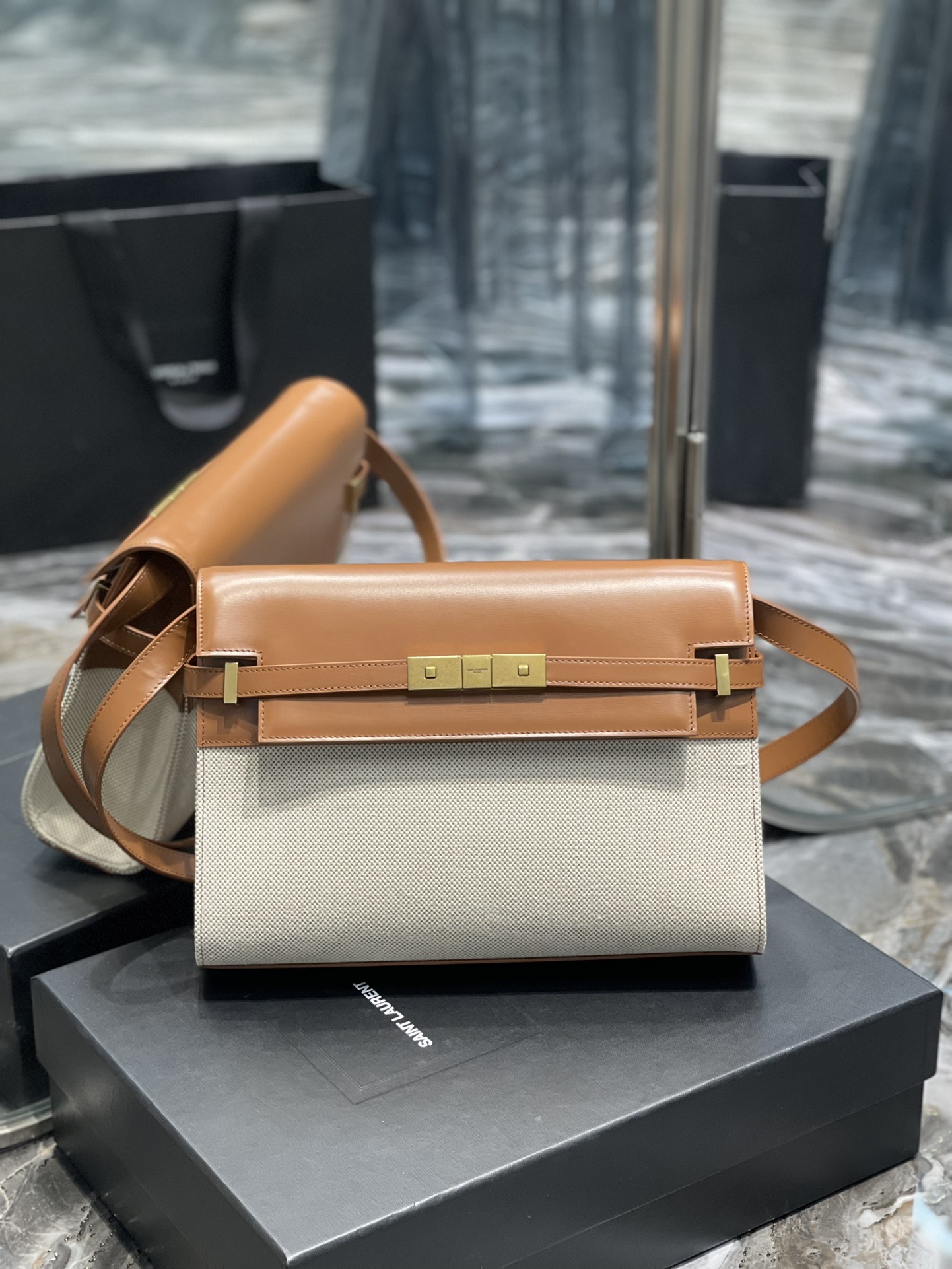 YSL Medium Manhattan  in Brown Leather & Beige Canvas - Replica Luxury Bags™