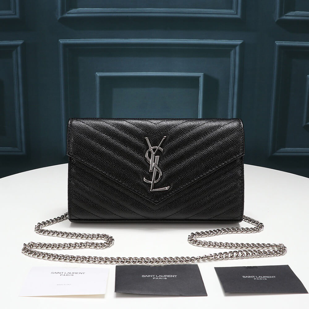 Saint Laurent Chain-strap YSL-plaque grained-leather wallet Bag - Replica Luxury Bags™