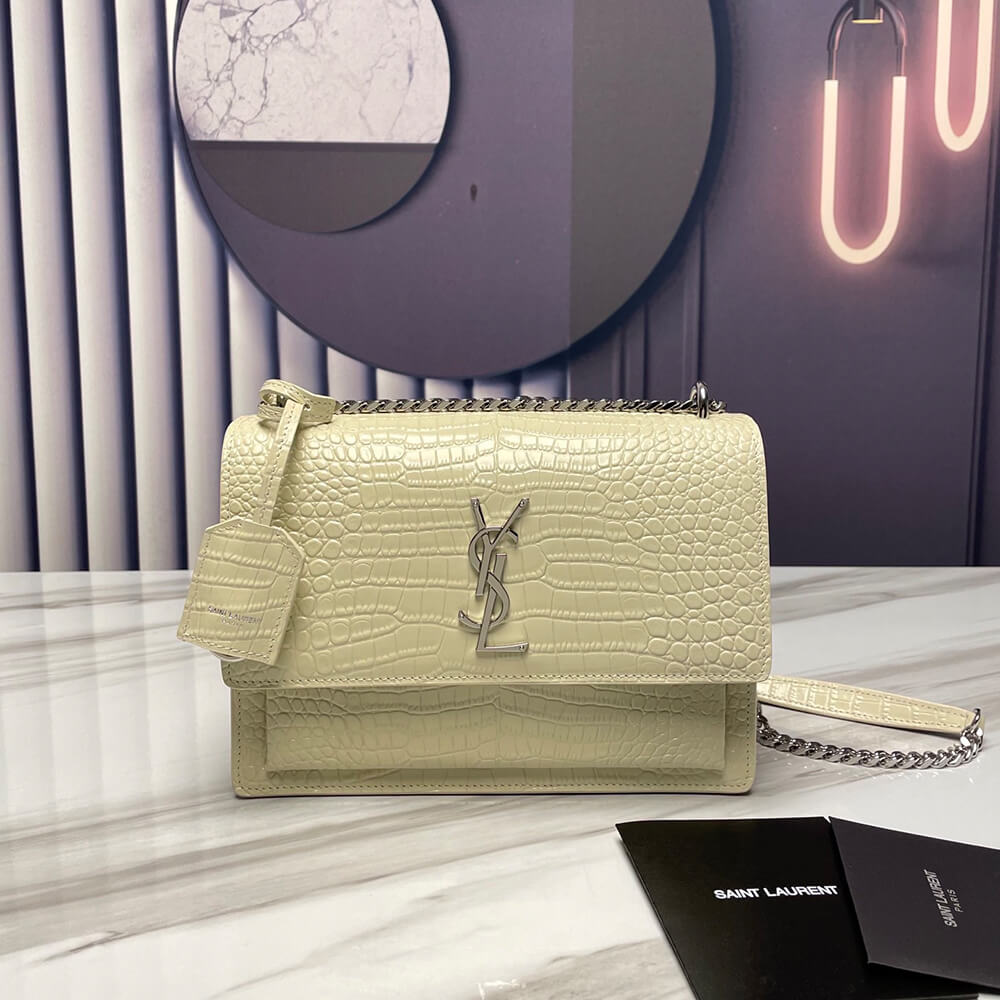 YSL Sunset Medium Chain Bag In Crocodile-Embossed Shiny Leather - Replica Luxury Bags™