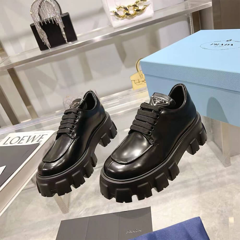 Prada Monolith Brushed Leather Lace-up Shoes - Replica Luxury Bags™