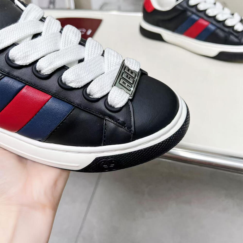 Gucci Ace Web Stripe Leather Sneakers Shoes - Replica Luxury Bags™