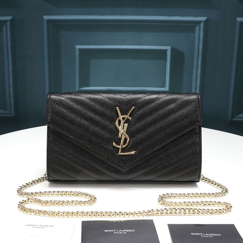 Saint Laurent Chain-strap YSL Plaque Grained Leather Wallet Bag - Replica Luxury Bags™