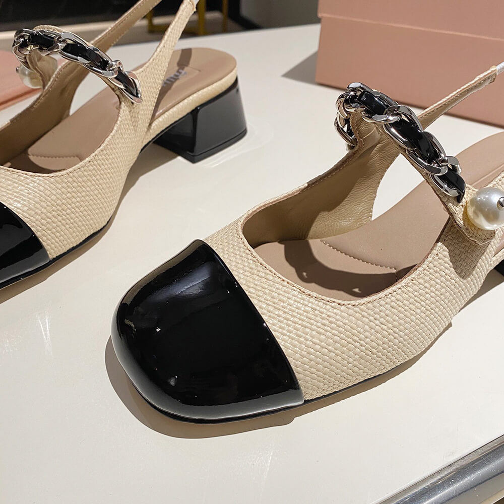 MIUMIU Patent leather and raffia slingback pumps Shoes - Replica Luxury Bags™