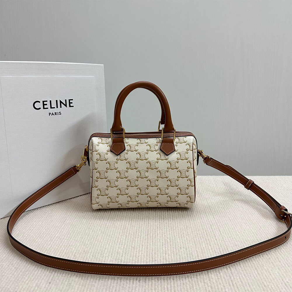 Celine Small Boston Bag in Triomphe Canvas and Calfskin - Replica Luxury Bags™