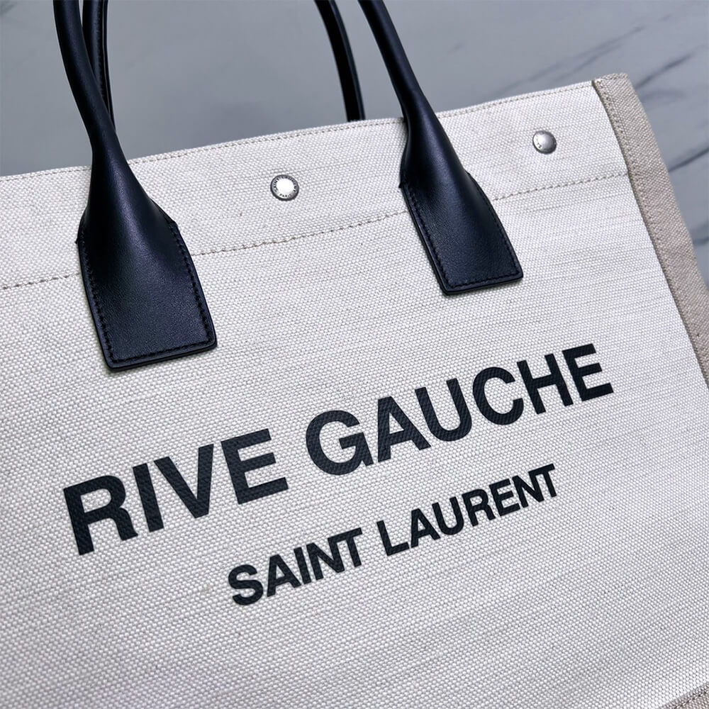 YSL Rive Gauche Small Tote Bag in Linen and Leather - Replica Luxury Bags™