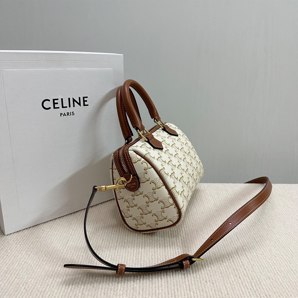 Celine Small Boston Bag in Triomphe Canvas and Calfskin - Replica Luxury Bags™