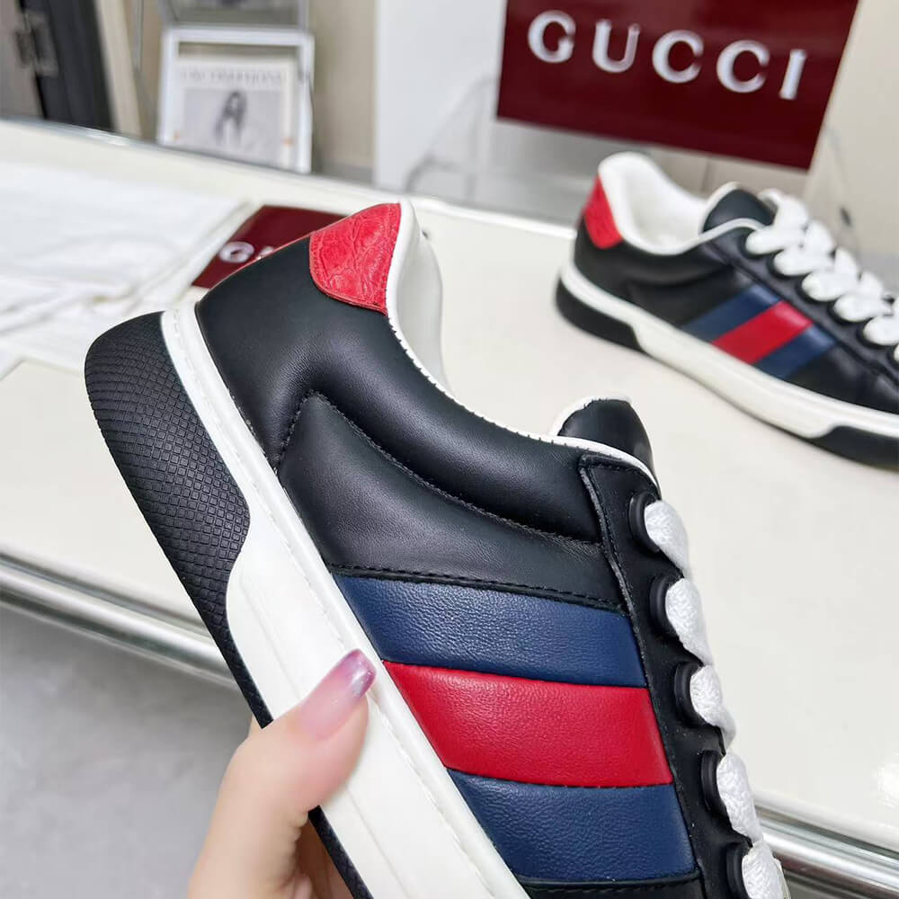 Gucci Ace Web Stripe Leather Sneakers Shoes - Replica Luxury Bags™