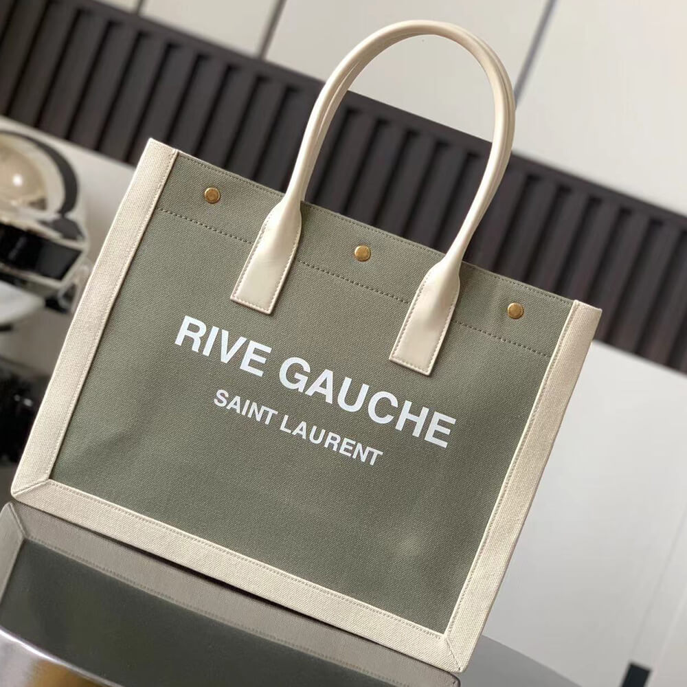 YSL Rive Gauche Small Tote Bag In Linen And Leather - Replica Luxury Bags™