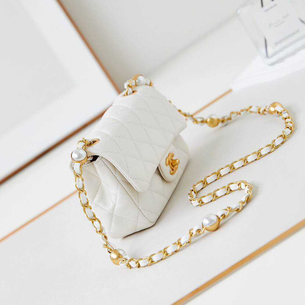 Chanel Mini Flap Bag in White Smooth Lambskin with Gold Hardware - Replica Luxury Bags™