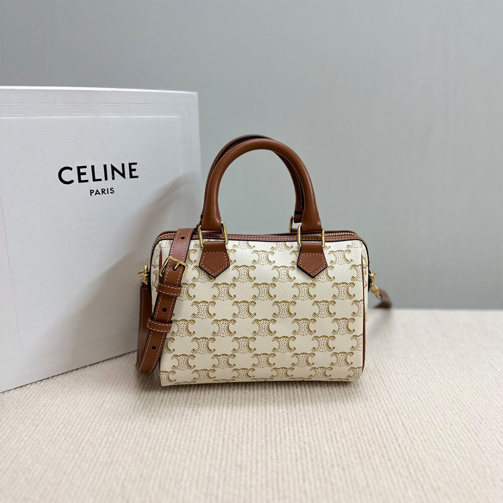 Celine Small Boston Bag in Triomphe Canvas and Calfskin - Replica Luxury Bags™