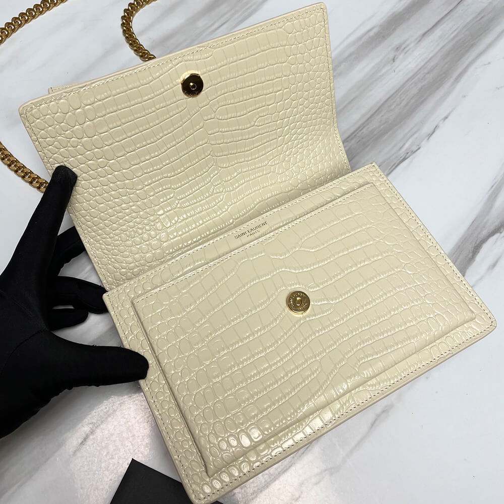 YSL Sunset Medium Chain Bag in Crocodile-Embossed Shiny Leather - Replica Luxury Bags™