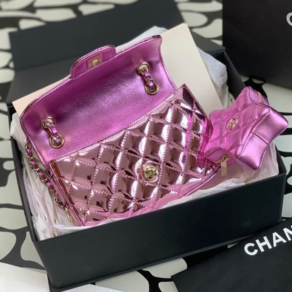 Chanel Mini Flap Bag in Metallic Pink with Star Pouch Charm - Replica Luxury Bags™