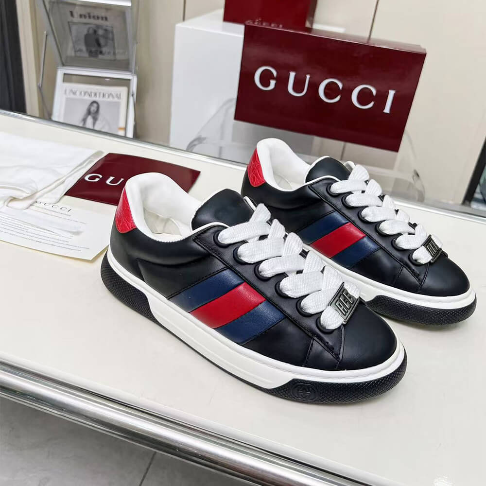 Gucci Ace Web Stripe Leather Sneakers Shoes - Replica Luxury Bags™