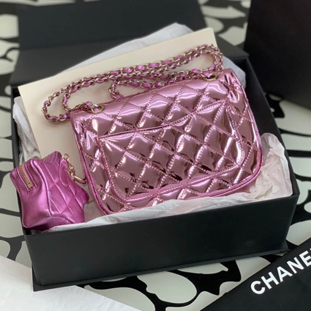 Chanel Mini Flap Bag in Metallic Pink with Star Pouch Charm - Replica Luxury Bags™
