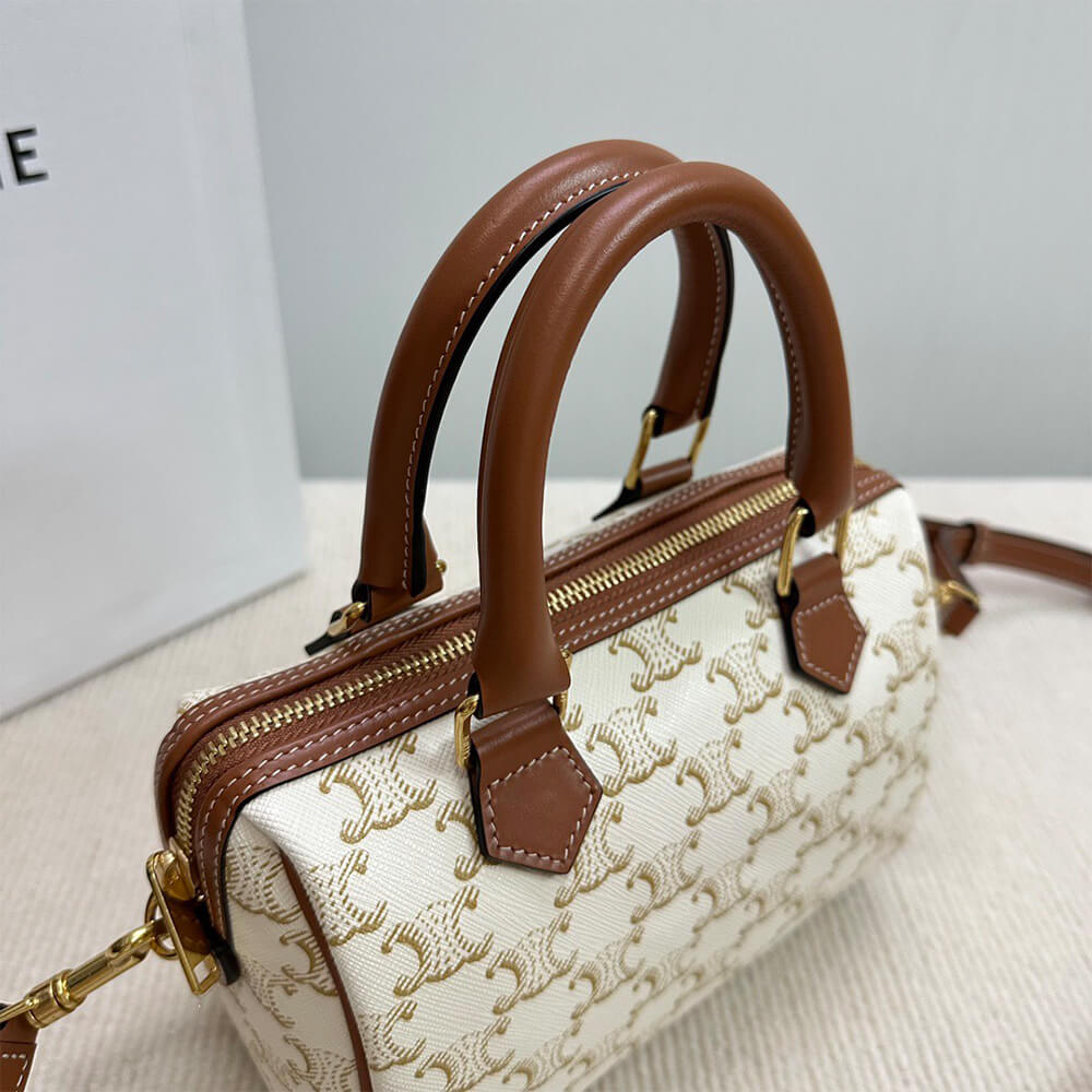 Celine Small Boston Bag in Triomphe Canvas and Calfskin - Replica Luxury Bags™
