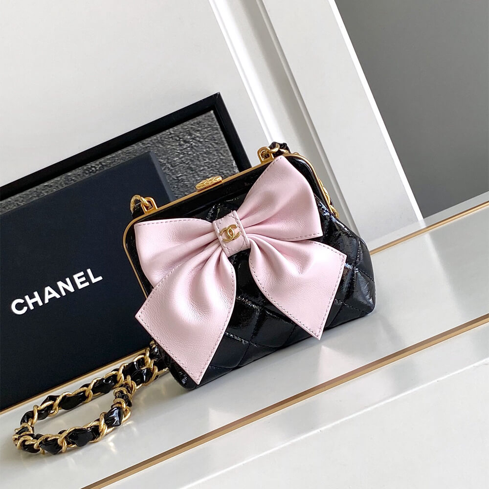 Chanel Clutch Pink Bow Kot Bag With Chain - Replica Luxury Bags™