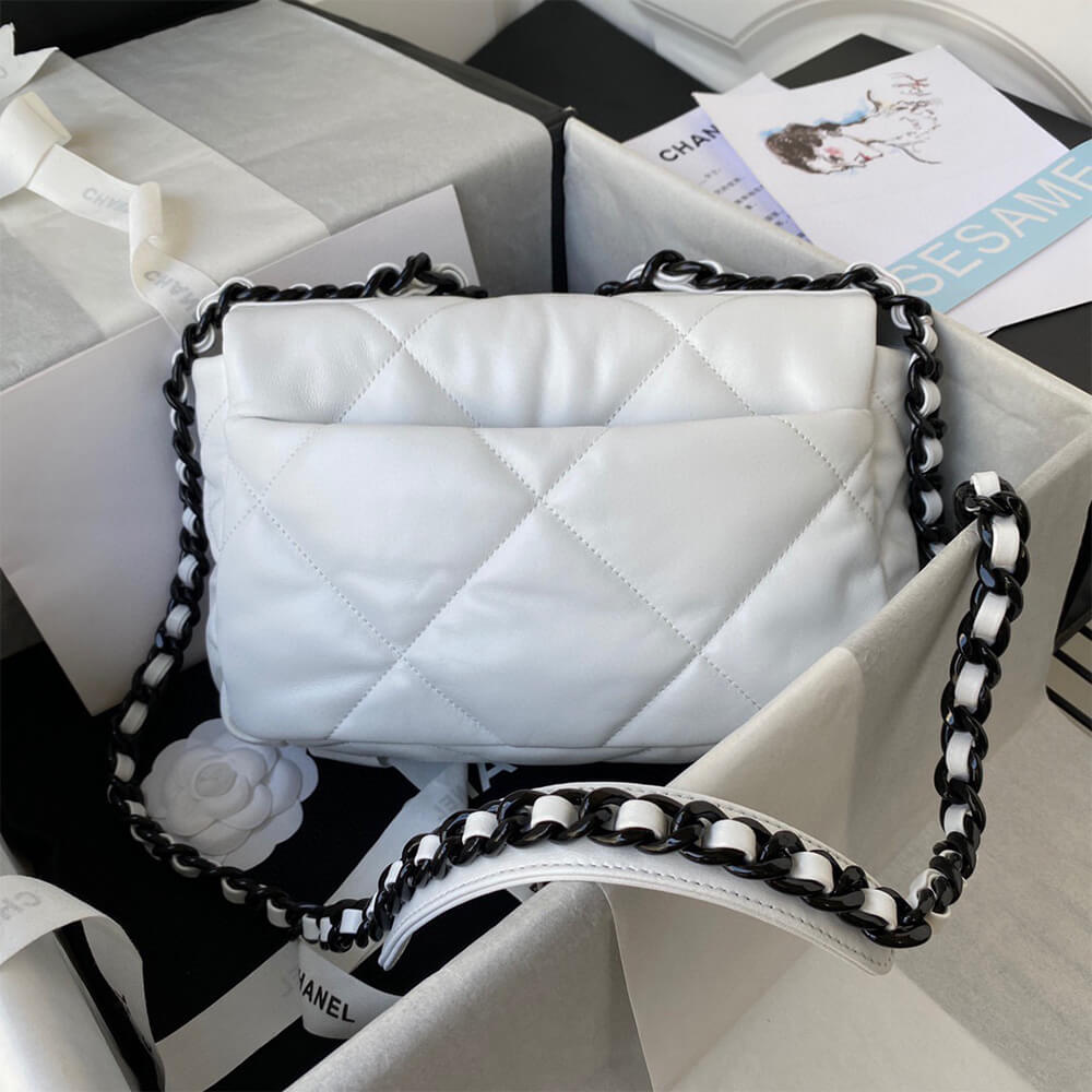 Chanel 19 Handbag in White Leather Black Hardware - Replica Luxury Bags™