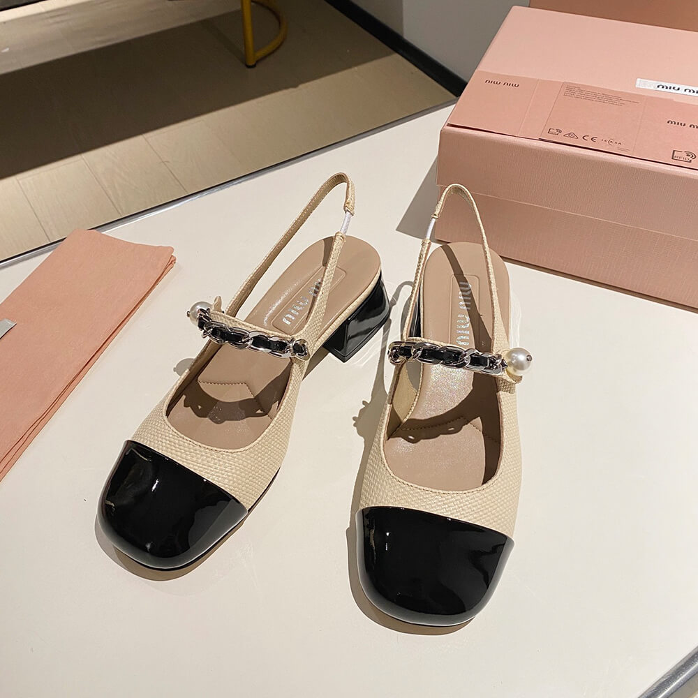 MIUMIU Patent leather and raffia slingback pumps Shoes - Replica Luxury Bags™