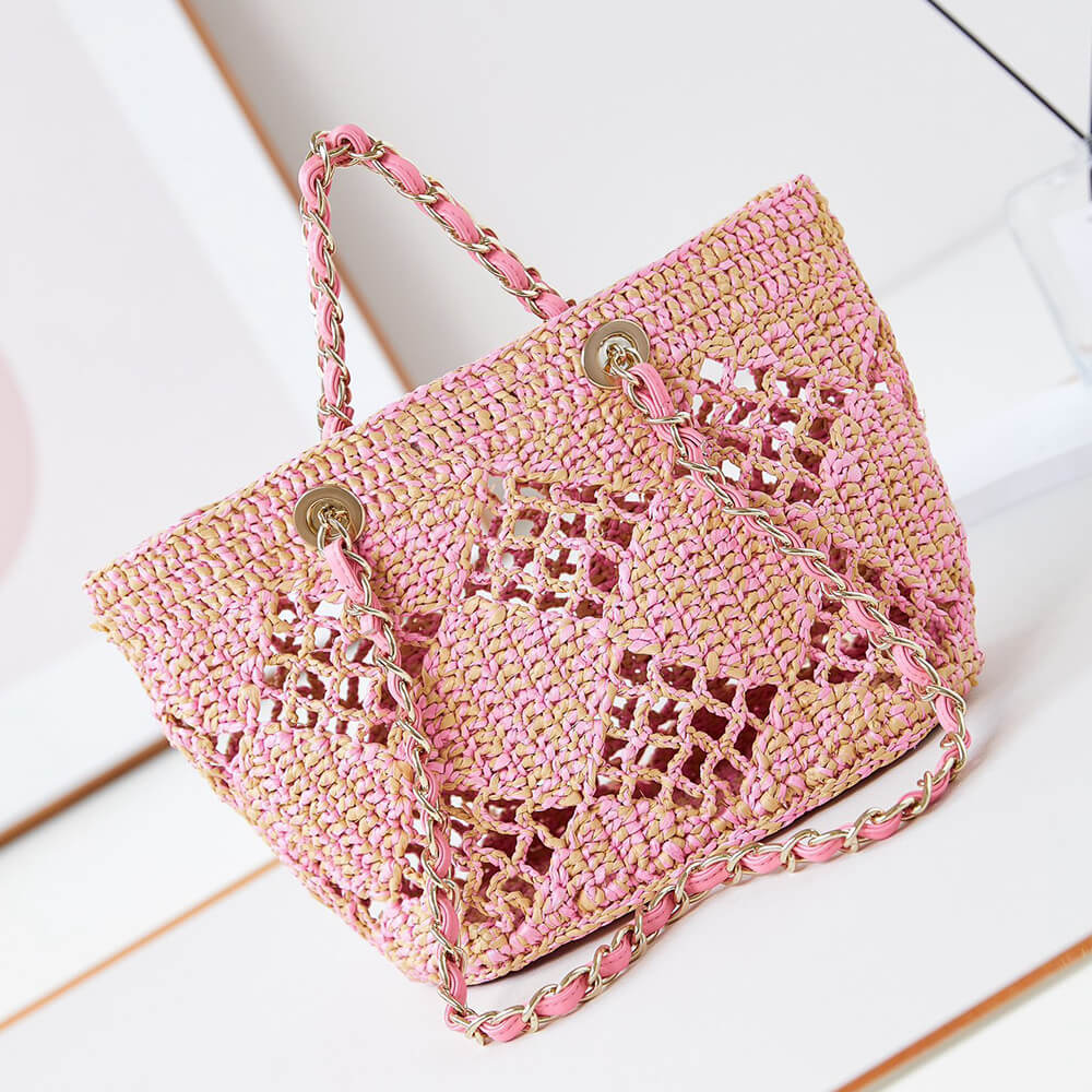 Chanel Small Shopping Bag in Pink Raffia - Replica Luxury Bags™