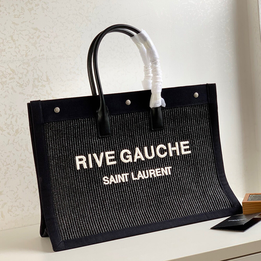 YSL Rive Gauche Large Tote Bag In Embroidered Raffia and Leather - Replica Luxury Bags™
