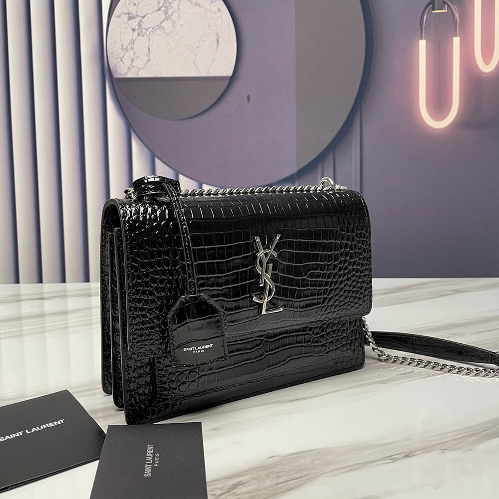 YSL Sunset Medium Chain Bag in Crocodile-Embossed Shiny Leather - Replica Luxury Bags™