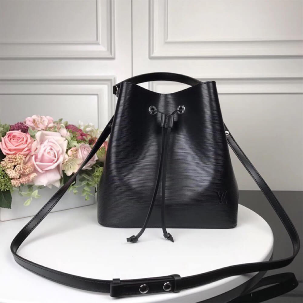LV Neonoe MM Bucket Bag in Smooth Finish Black Leather - Replica Luxury Bags™