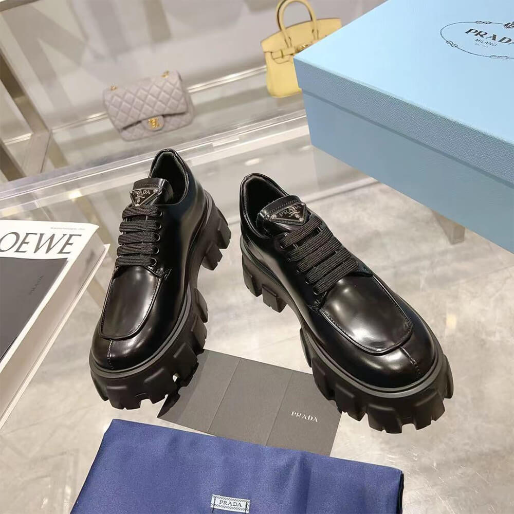 Prada Monolith Brushed Leather Lace-up Shoes - Replica Luxury Bags™