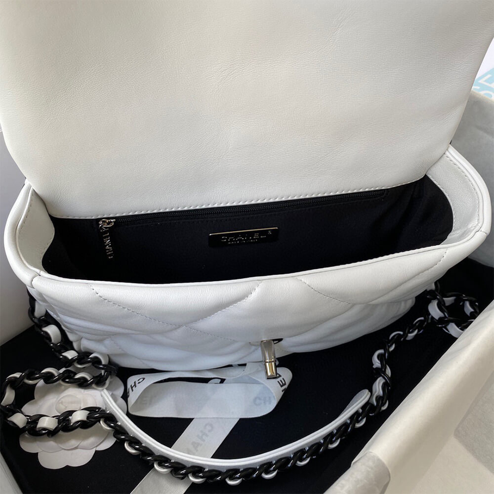 Chanel 19 Handbag in White Leather Black Hardware - Replica Luxury Bags™