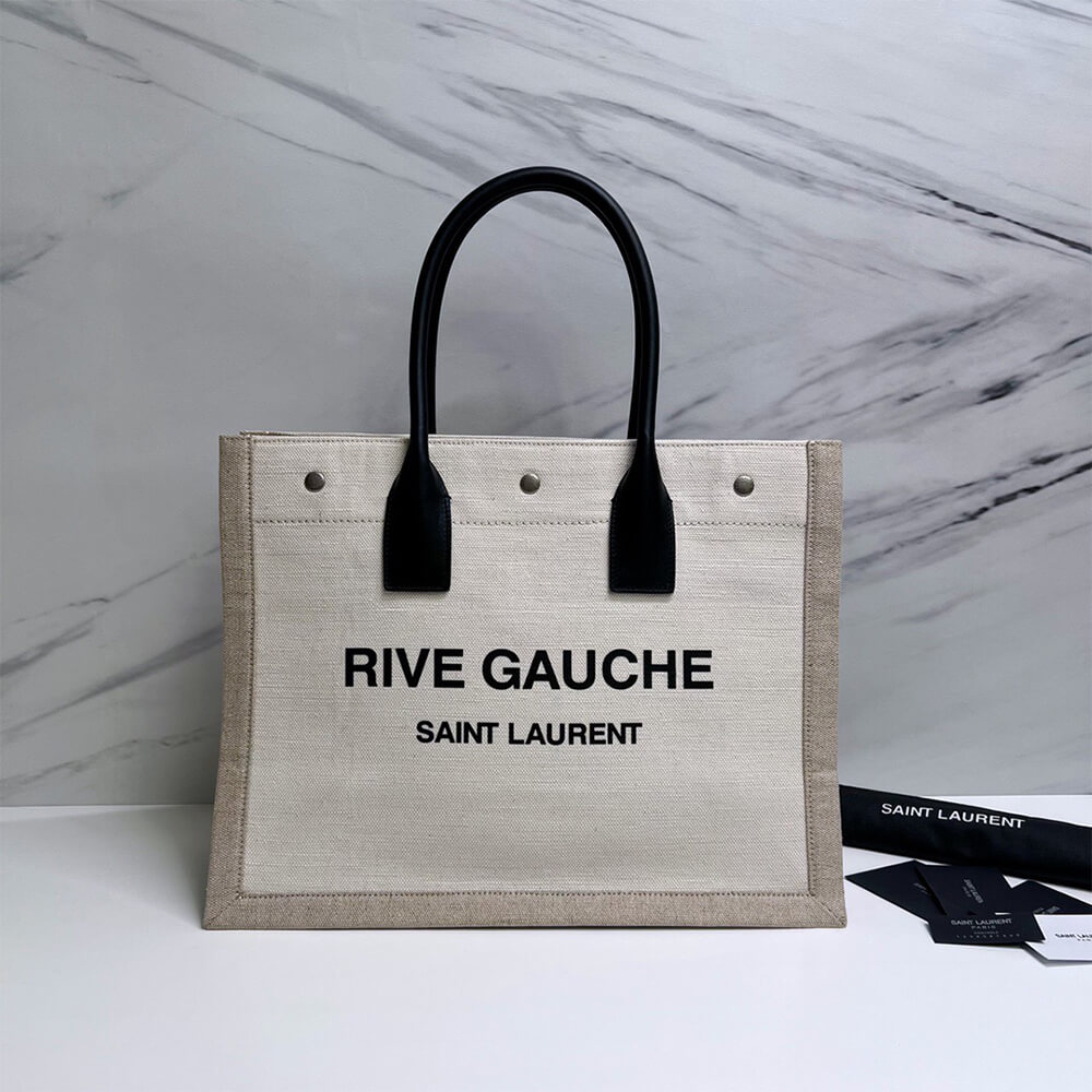 YSL Rive Gauche Small Tote Bag in Linen and Leather - Replica Luxury Bags™