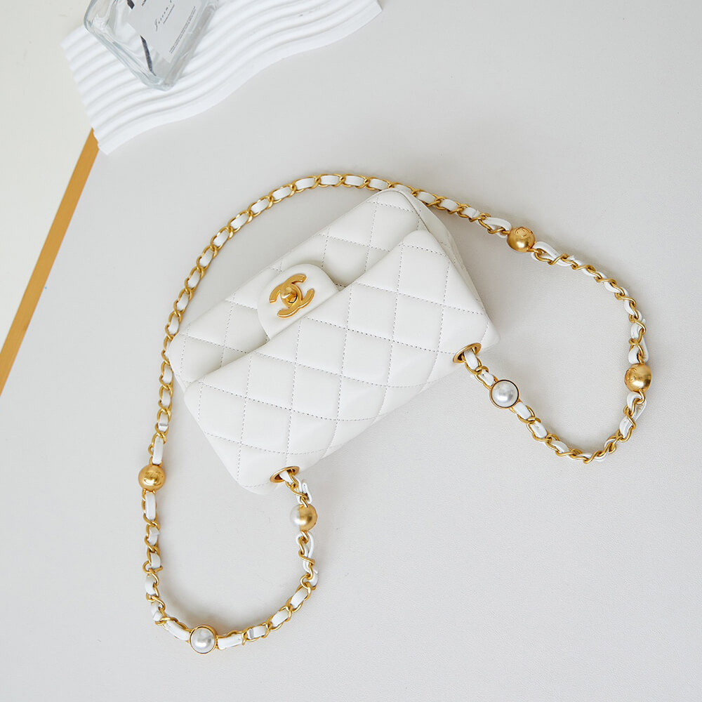 Chanel Mini Flap Bag in White Smooth Lambskin with Gold Hardware - Replica Luxury Bags™