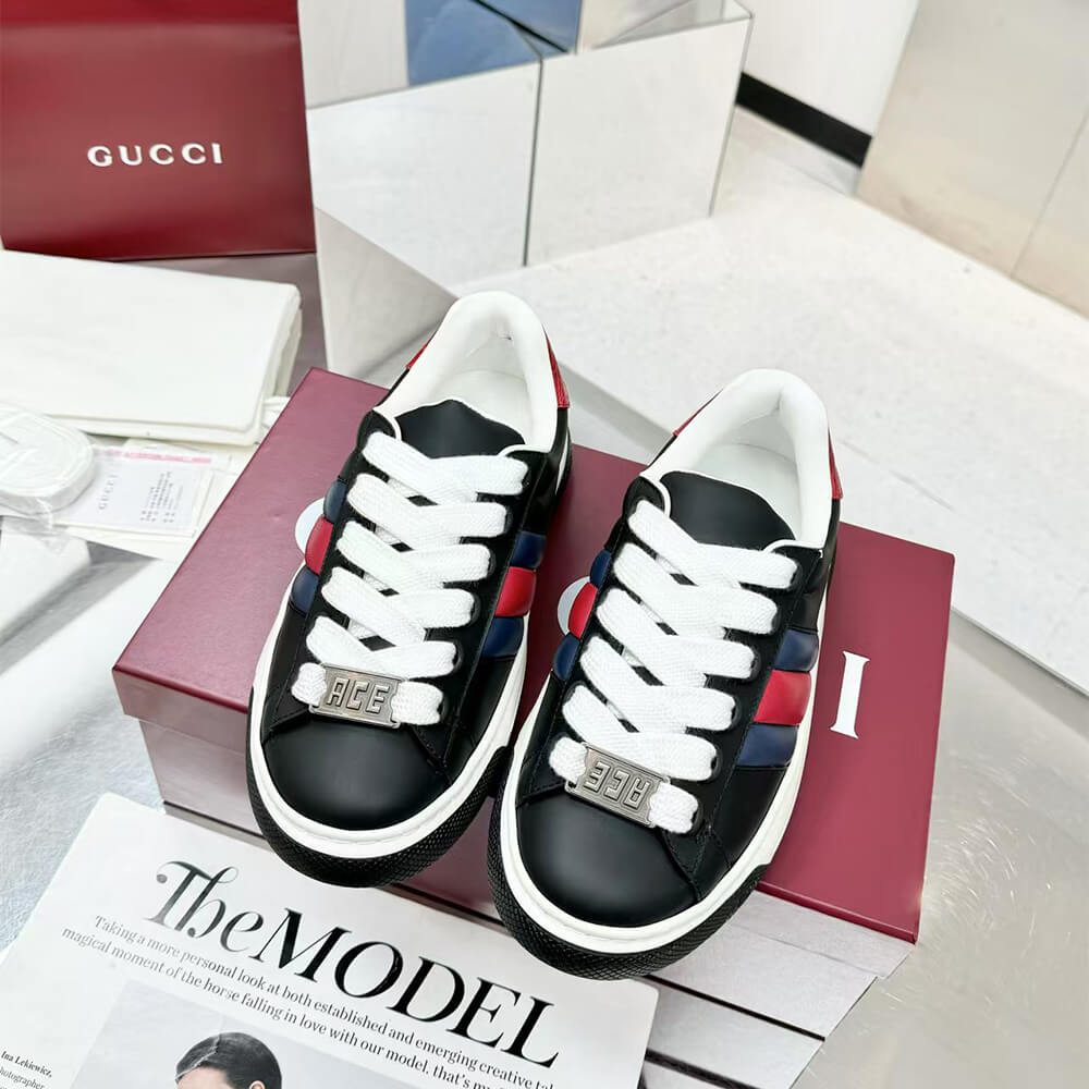 Gucci Ace Web Stripe Leather Sneakers Shoes - Replica Luxury Bags™