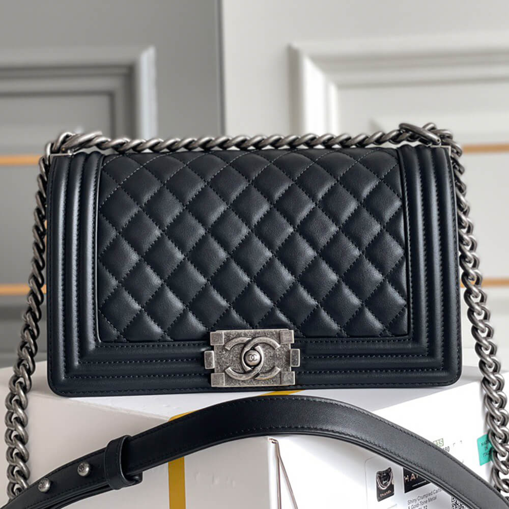 Boy Chanel Handbag in Black Calfskin and Silver Hardware - Replica Luxury Bags™