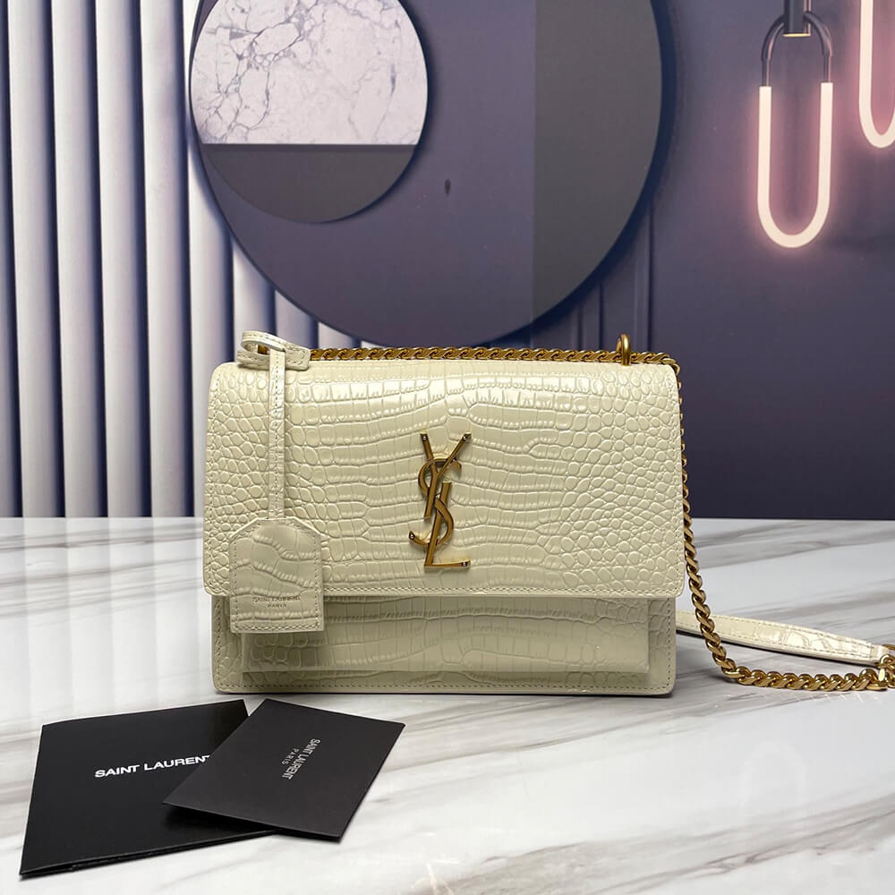 YSL Sunset Medium Chain Bag in Crocodile-Embossed Shiny Leather - Replica Luxury Bags™
