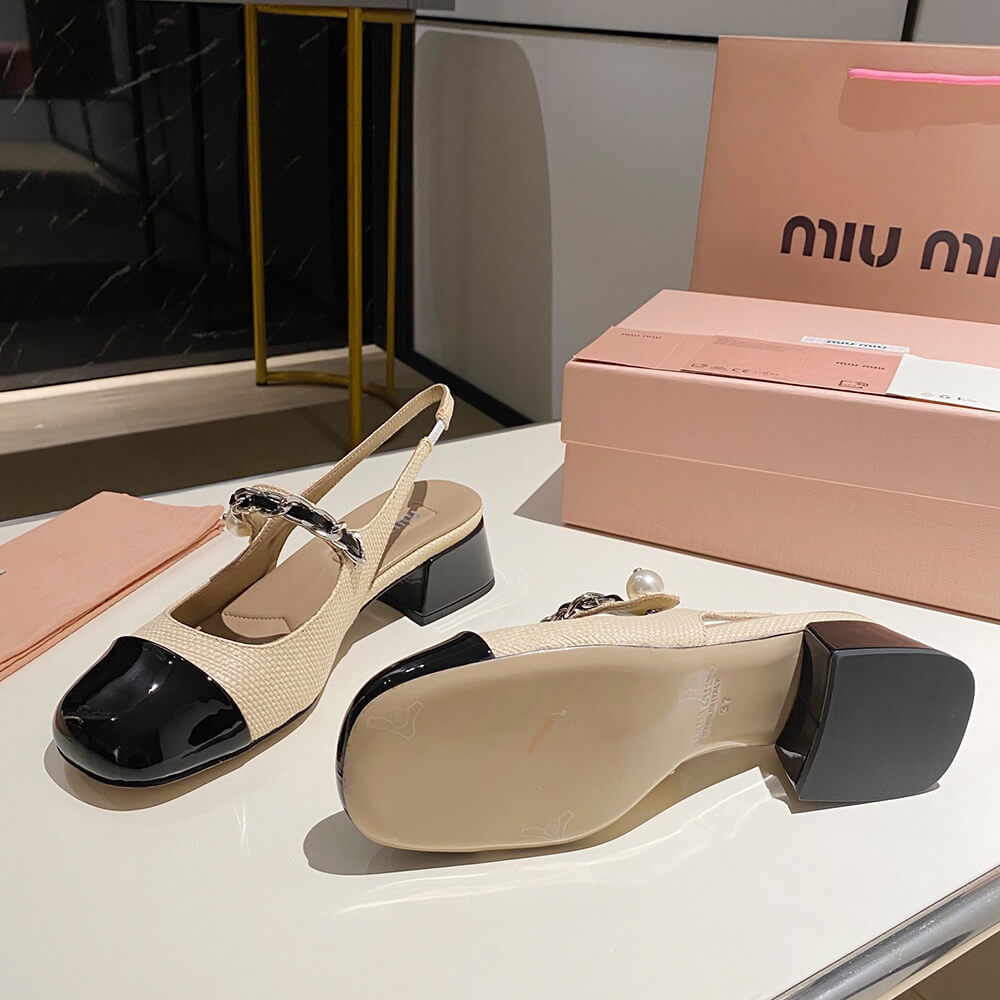 MIUMIU Patent leather and raffia slingback pumps Shoes - Replica Luxury Bags™