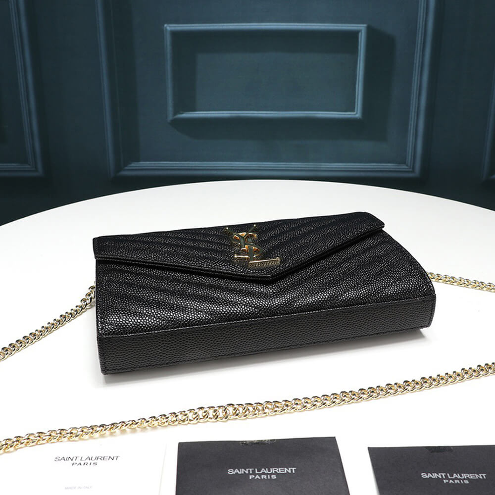 Saint Laurent Chain-strap YSL Plaque Grained Leather Wallet Bag - Replica Luxury Bags™