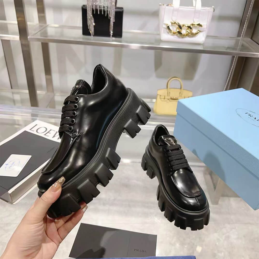 Prada Monolith Brushed Leather Lace-up Shoes - Replica Luxury Bags™