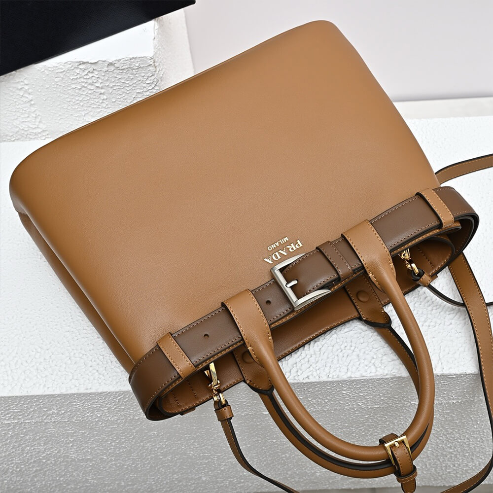 Prada Buckle Medium Leather Handbag with Double Belt - Replica Luxury Bags™
