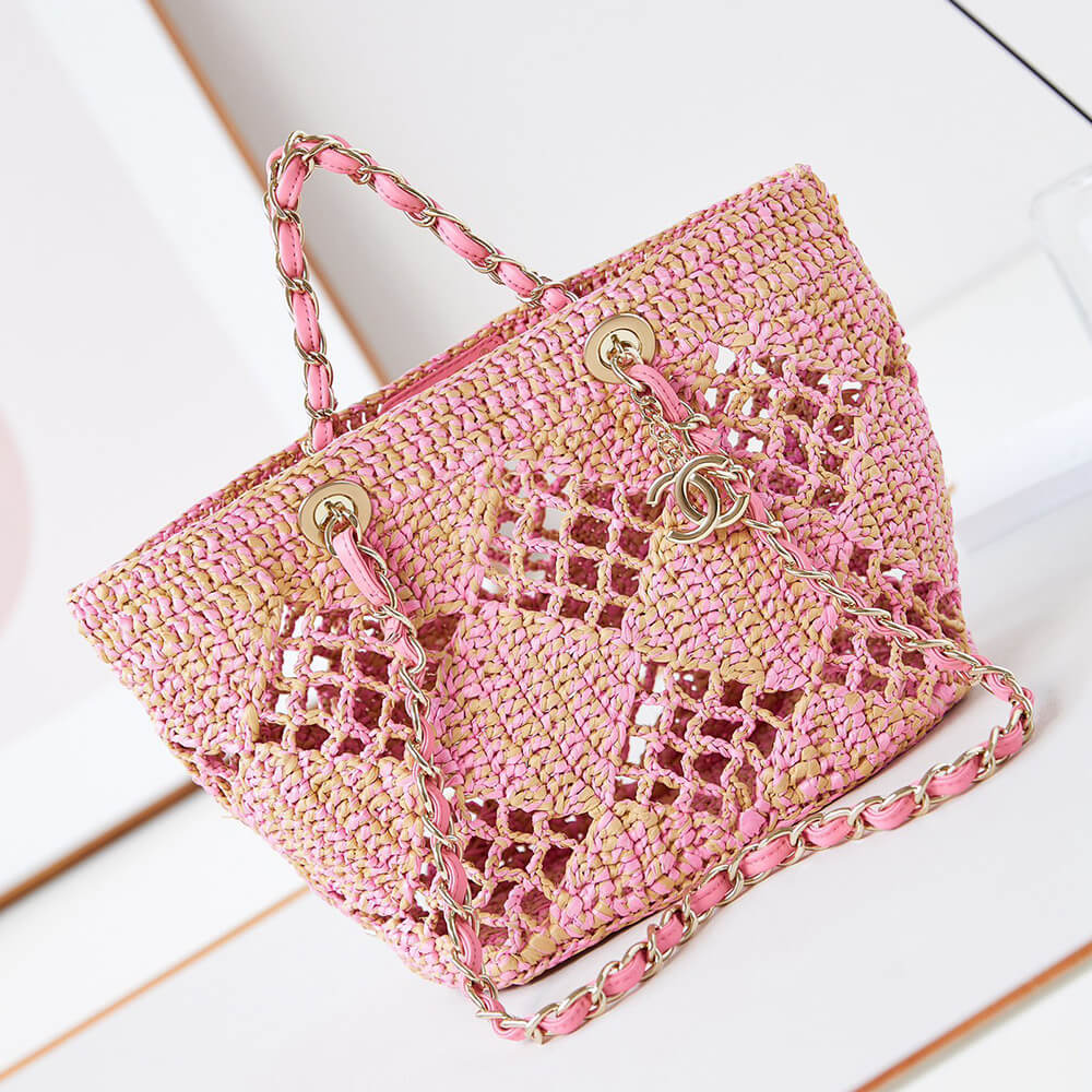Chanel Small Shopping Bag in Pink Raffia - Replica Luxury Bags™