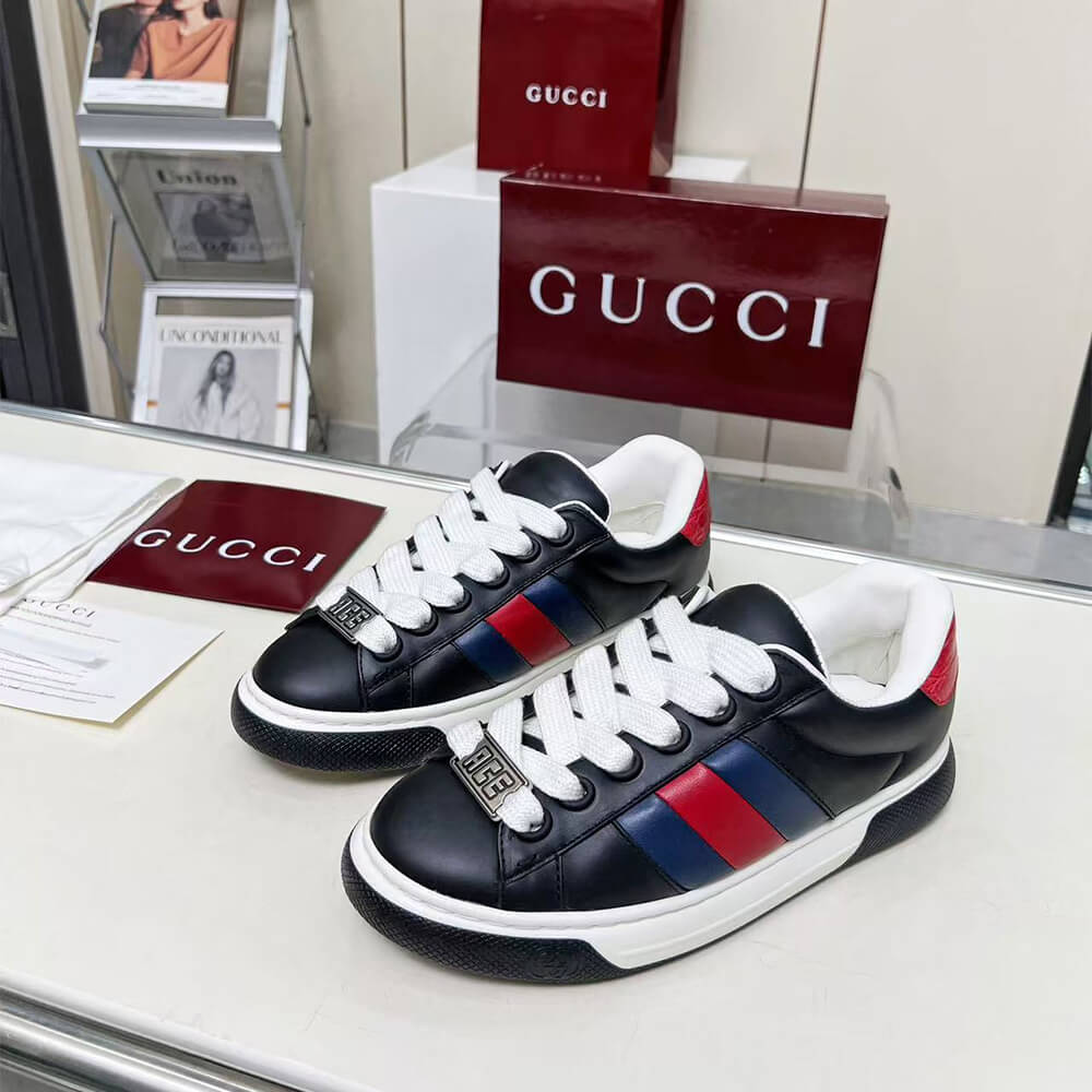 Gucci Ace Web Stripe Leather Sneakers Shoes - Replica Luxury Bags™