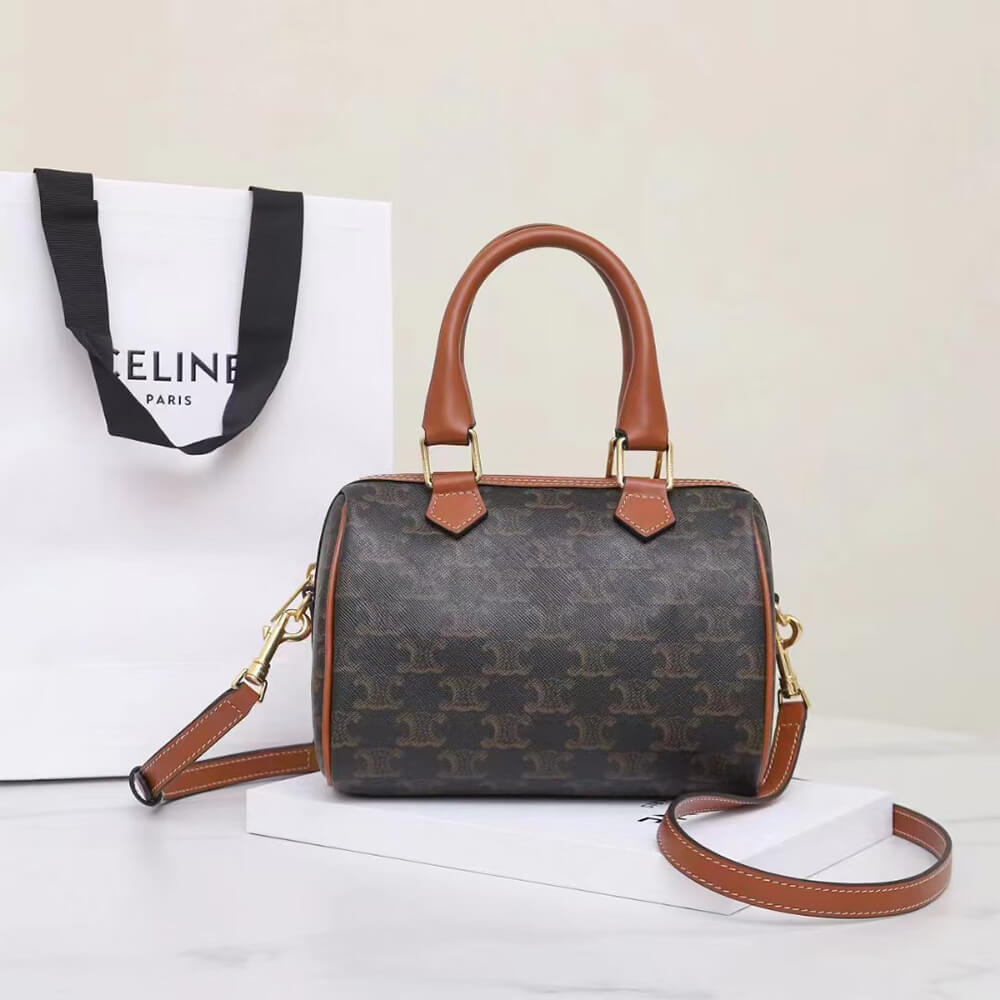 Celine Small Boston Bag in Triomphe Canvas and calfskin - Replica Luxury Bags™