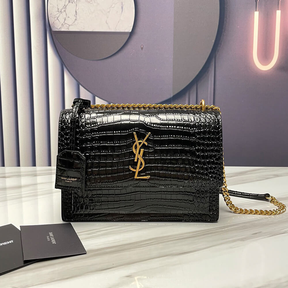 YSL Sunset Medium Chain Bag In Crocodile-Embossed Shiny Leather - Replica Luxury Bags™