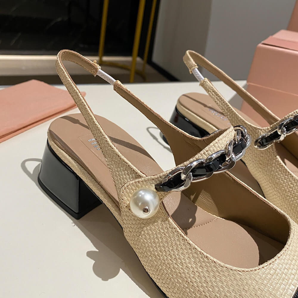 MIUMIU Patent leather and raffia slingback pumps Shoes - Replica Luxury Bags™