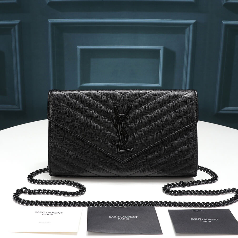 Saint Laurent Chain Strap YSL Plaque Grained Leather Wallet Bag - Replica Luxury Bags™