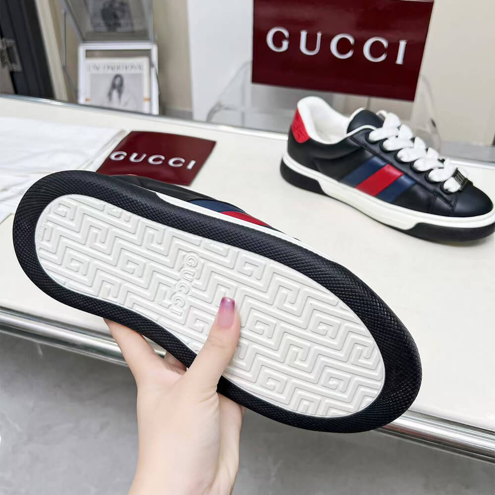 Gucci Ace Web Stripe Leather Sneakers Shoes - Replica Luxury Bags™
