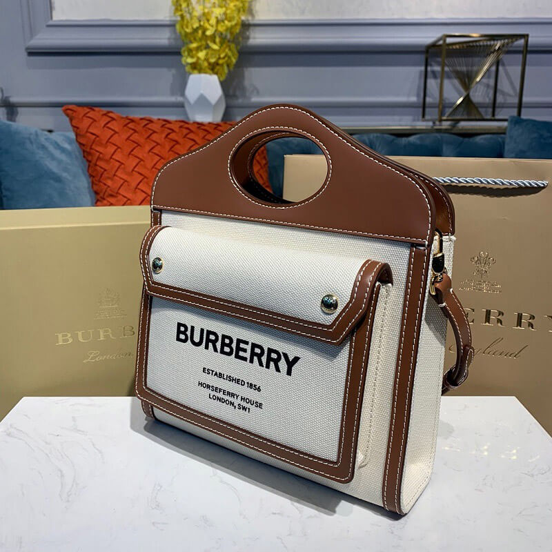 Burberry Pocket Medium Leather-trimmed Canvas Tote Bag - Replica Luxury Bags™