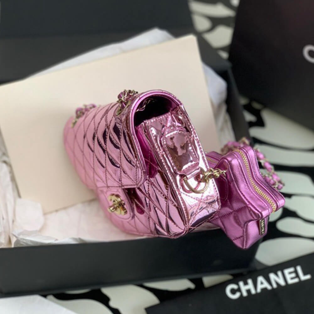 Chanel Mini Flap Bag in Metallic Pink with Star Pouch Charm - Replica Luxury Bags™