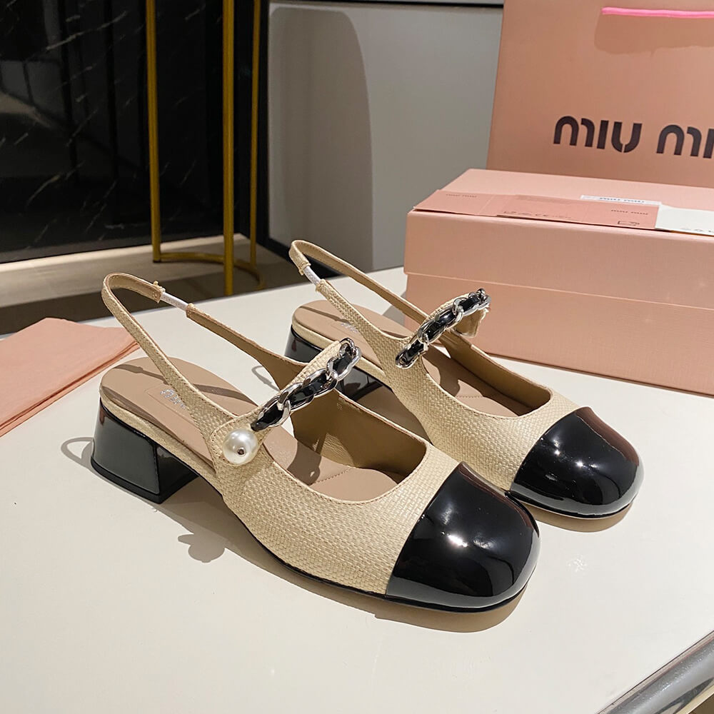 MIUMIU Patent leather and raffia slingback pumps Shoes - Replica Luxury Bags™