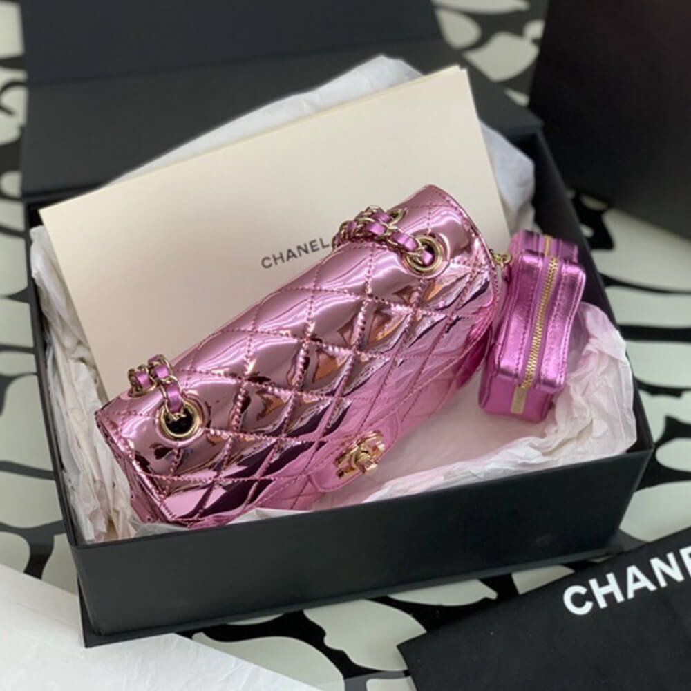 Chanel Mini Flap Bag in Metallic Pink with Star Pouch Charm - Replica Luxury Bags™