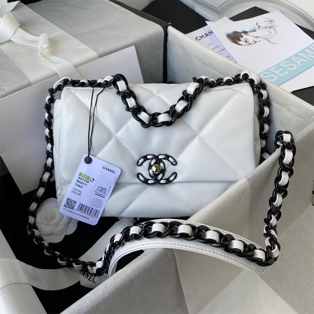 Chanel 19 Handbag in White Leather Black Hardware - Replica Luxury Bags™