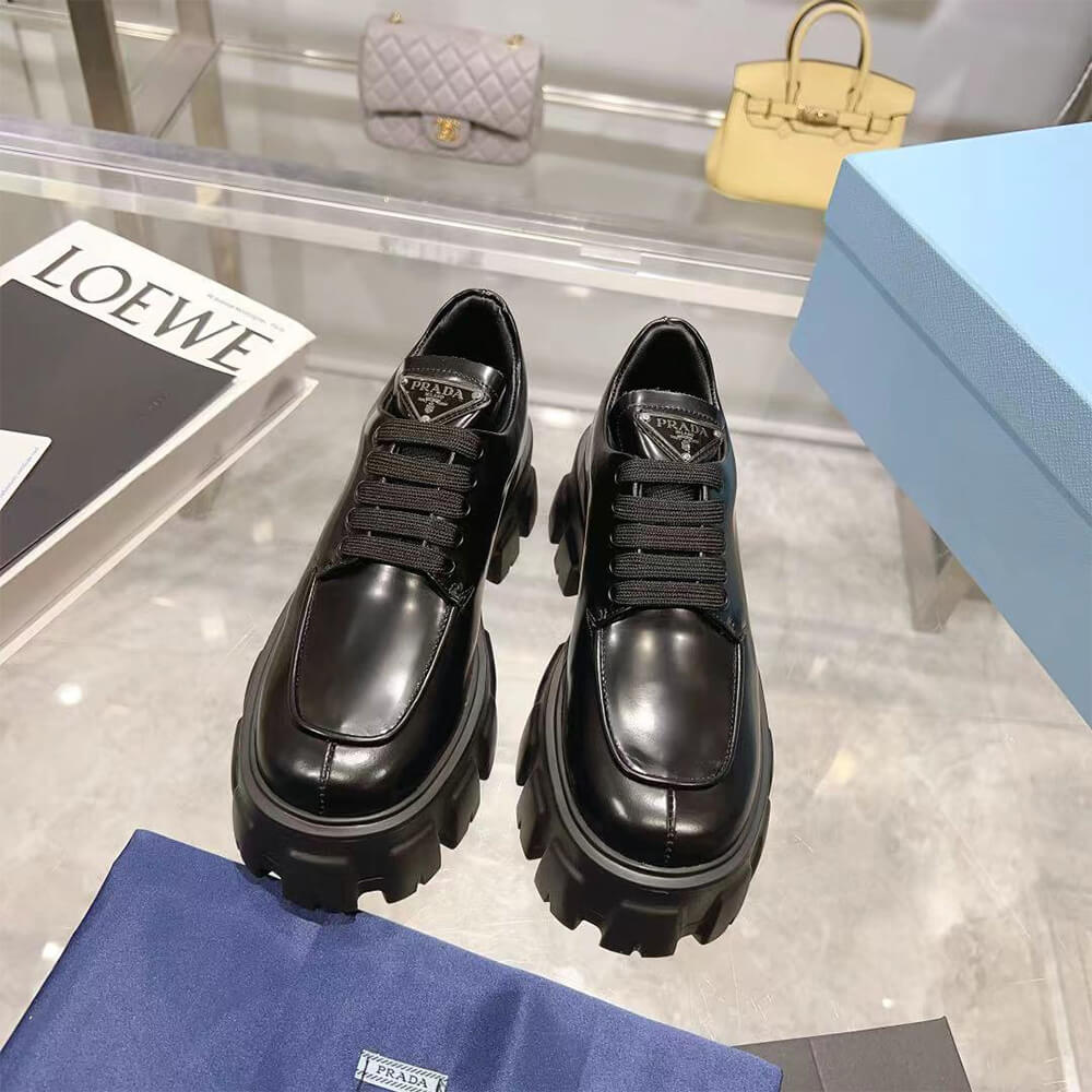Prada Monolith Brushed Leather Lace-up Shoes - Replica Luxury Bags™